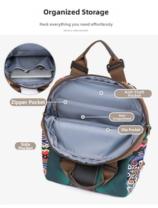 Detail view of ethnic print backpack interior showing laptop compartment and pockets