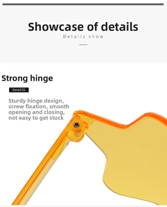Detail of orange rimless star sunglasses showing reinforced metal screw hinge