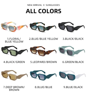 Grid view of rectangular square sunglasses in nine stylish colors with 3D geometric temples