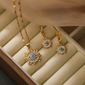 Collana E Orecchini Occhio Del Male Sole Rame Placcato Oro 18K Zircone Moda Stile Vintage Per Donna