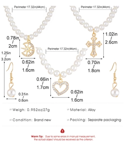 Detailed chart showing pearl necklace set dimensions with moon star and cross charms