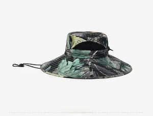 Detail of leaf camouflage outdoor hat showing breathable mesh and adjustable drawcord