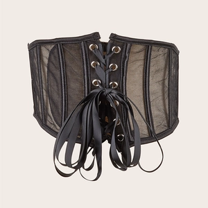 Close-up of black mesh corset belt featuring lace-up back design and supportive boning