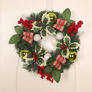 50cm artificial Christmas wreath with red berries, gold ornaments, and warm lights on a door