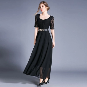 Elegant black lace patchwork maxi dress with U-neck and waist belt for slim silhouette