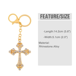 Detailed view of a gold hollow-out cross keychain with rhinestones and size specifications