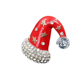 Sparkling Santa hat brooch with red enamel, gold stars, and white rhinestones decoration