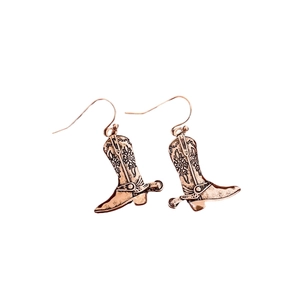 Vintage western cowboy boot drop earrings with intricate floral carvings and metal spurs