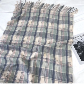 Macro detail of plaid winter scarf showing soft cashmere texture and long tassel edges