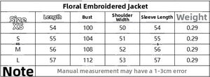 Detailed size chart for floral embroidery jacket showing XS to L measurements in cm