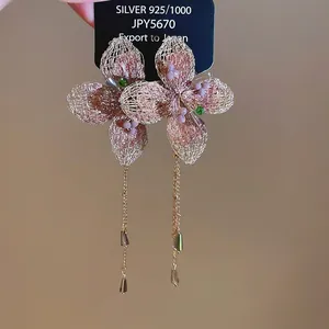 Orecchini A Fiore Maglia Floreale Nappa Lunga Con Perno In Argento Sterling 925 Cristallo Dolce Elegante Per Donne
