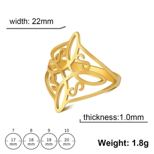 Detailed size chart for gold plated stainless steel ring with celtic knot pattern