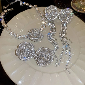 Macro shot of silver flower jewelry set with sparkling tassels and crystals on tray