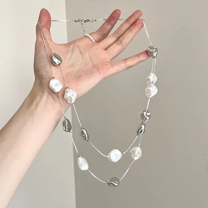 Double Layer Irregular Imitation Artificial Pearl Necklace Silver Color Metal Beads Long Sweater Chain Jewelry For Women
