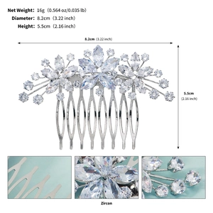 Détails du peigne à cheveux de mariée en zircon avec dimensions et finitions métalliques