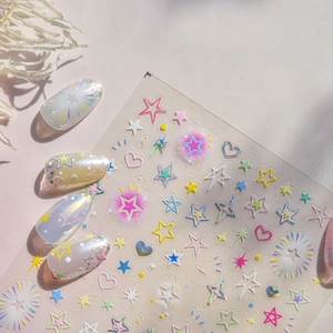 Sweet relief nail stickers with colorful stars and heart designs in macaron hues