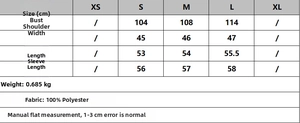Detailed size chart for faux leather bomber jacket showing measurements in centimeters