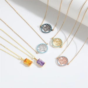 Ethnic design Wishing Tree and rectangle gemstone pendant necklaces in various metal finishes