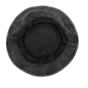 Retro washed black bucket hat with distressed finish, top-down view showing interior structure