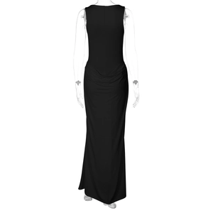 Back view of a black floor-length evening dress with ruched detail and slim fit cut