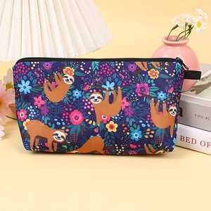 Blue sloth floral makeup bag with top handle and zipper for travel organization