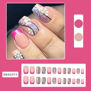 Pink French press-on nails with white daisies and purple glitter details set