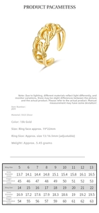 Detailed size chart for the adjustable S925 silver ring in 18k gold industrial style