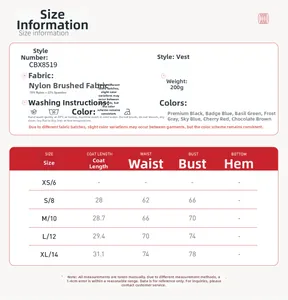 Tableau des tailles pour ensemble de yoga brossé avec mesures du XS au XL et détails du tissu