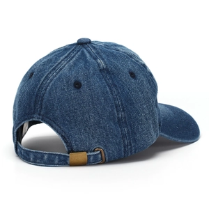 Rear view of vintage blue denim baseball cap with adjustable metal buckle and stitching