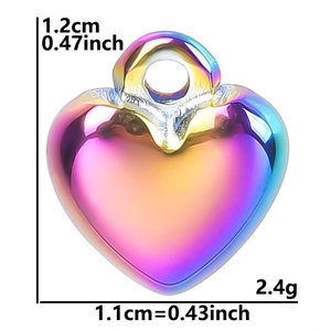 Detailed view of iridescent heart pendant with size dimensions 1.2cm height and 2.4g weight