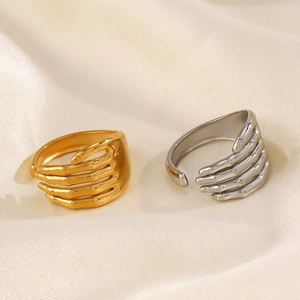Adjustable hand-shaped stainless steel open ring in gold and silver plating