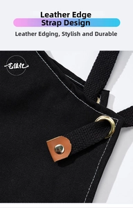 Detail of black canvas apron featuring brown leather accents and metal rivet fasteners