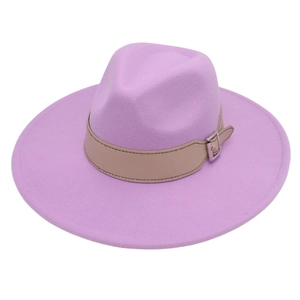 Detail of purple fedora hat with light brown leather belt strap and silver buckle
