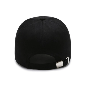 Rear view of a black cotton baseball cap featuring an adjustable silver metal buckle
