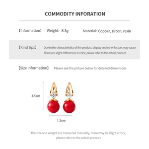 Detailed size chart for red resin earrings with cubic zirconia and copper materials