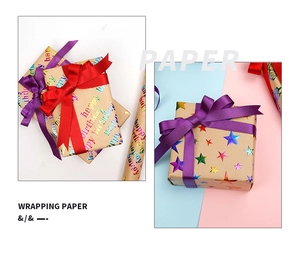Détail du papier cadeau kraft avec étoiles colorées et texte Happy Birthday