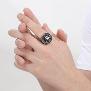 Vintage stainless steel knights templar shield ring with red cross and armor of god text