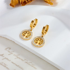 Elegant gold earrings featuring a hollow tree of life circle design with white pavé zircons