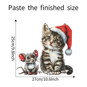 Detail view of Christmas cat and mouse wall sticker with precise dimension measurements