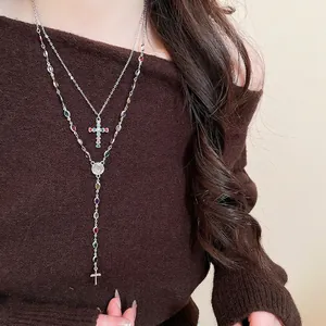 Layered Cross Pendant Necklace Alloy Colorful Rhinestone Religious Virgin Mary Medal Y-Shape Lariat For Women