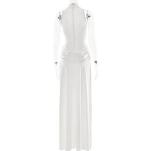 Detail view of the back of a white sleeveless maxi dress with elegant ruched waist detailing