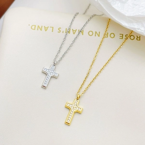 Chic stainless steel cross necklaces with zircon inlays in gold and silver finishes