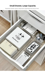 Detailed top view of clear acrylic drawer organizers for office stationery and cosmetics