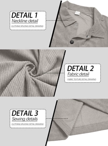Detail view of corduroy texture, button collar and seam stitching on men's casual shirt