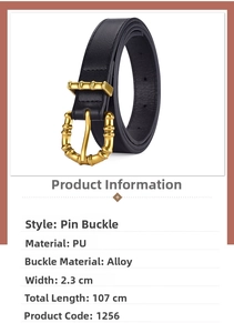 Detail view of fashion PU leather belt for women with golden bamboo texture buckle pin