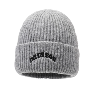 Grey knit beanie with paragon embroidery and vertical ribbed texture for winter