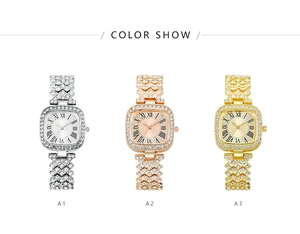 Close-up of square rhinestone-encrusted watches in silver, rose gold, and gold finishes