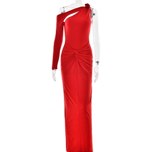 Elegant red one-shoulder long-sleeve evening gown with cutout detail and floor-length skirt
