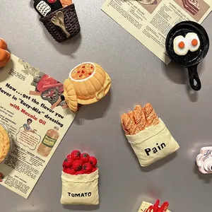 3D realistic food fridge magnets set featuring bread, tomato, and egg on grey metal