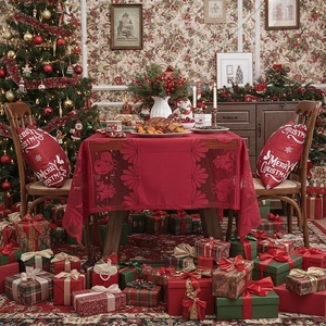 Christmas Red Lace Tablecloth Festive Holiday Dining Table Decoration Santa Claus Reindeer Pattern Polyester